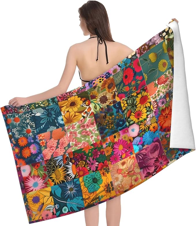 Vintage Floral Beach Towel 31inx51in, Flower Sand-Free Microfiber Bath Towel Ultra Soft Quick Dry Pool Towel Absorbent Towel Lightweight Towel for Swimming Bathroom Decor