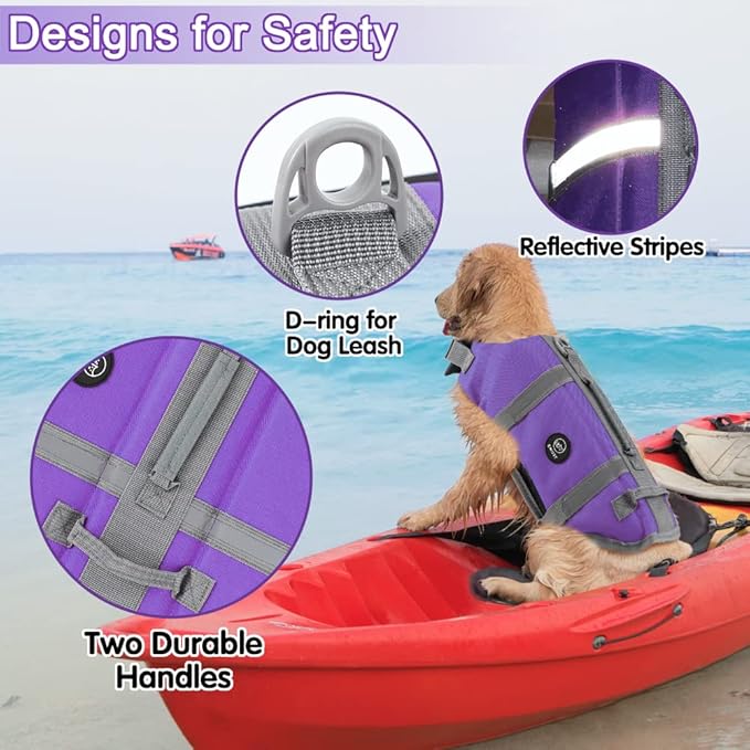 EMUST Dog Life Vests for Swimming, Adjustable Pet Life Jackets for Swimming with Reflective Stripes,Dog Water Vest for Small/Medium/Large Dogs, L, Purple