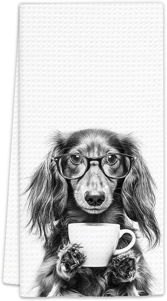 Long Haired Dachshund Gifts Coffee Kitchen Towels, Gifts for Dog Coffee Lovers Decorative Hand Tea Towel for Kitchen Home Bar, Funny Long Haired Dachshund Dog Owners CoffeeBar Decor(16x24In)
