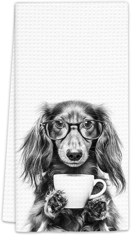 Long Haired Dachshund Gifts Coffee Kitchen Towels, Gifts for Dog Coffee Lovers Decorative Hand Tea Towel for Kitchen Home Bar, Funny Long Haired Dachshund Dog Owners CoffeeBar Decor(16x24In)