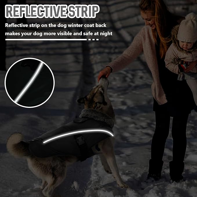 DENTRUN Winter Warm Dog Coat Reflective Jacket with Turtleneck for Cold Weather, Adjustable Buckle Windproof Water Repellent, Thick Snowsuit Fleece Vest for Small, Medium, Large Dogs, Black, M