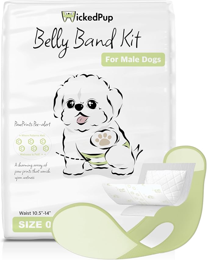 WICKEDPUP Male Dog Belly Band Kit, 50 Diaper Pads & 1 Reusable Male Wrap (Size 0 (10.5"-14" Waist))