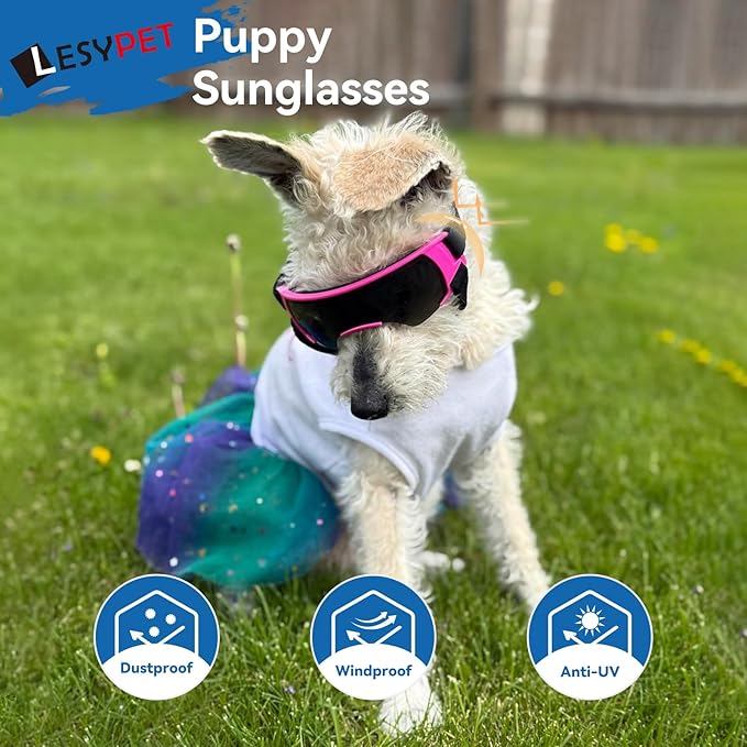 LESYPET Dog Sunglasses for Small Breed, UV Wind Dust Protection Dog Goggles for Pet Outdoor Driving Riding, Pet Glasses Eye Wear with Adjustable Strap, Black