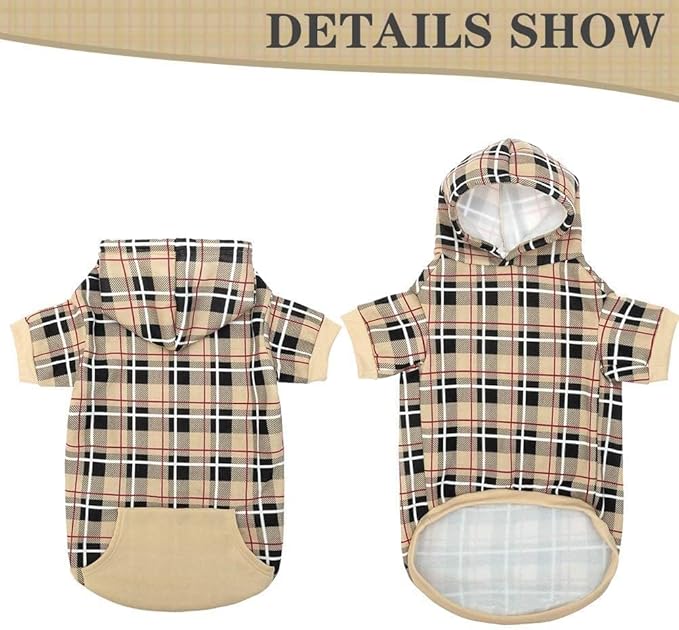 EXPAWLORER Plaid Dog Hoodie - British Style Warm Dog Sweater Shirt with Leash Hole,Pitbull Clothes Outfits,Winter Coat Apparel for All Breeds Puppy Girl Boy-Cat Apparel,Beige XX-Large