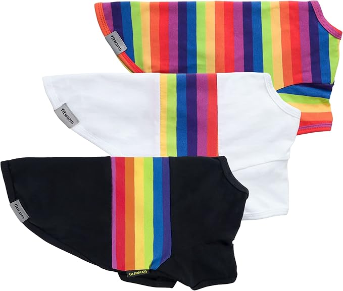 Fitwarm 3 Pack Rainbow Striped Dog Shirt, Dog Summer Clothes for Small Dogs Boy Girl, Breathable Lightweight Pet Tshirt with Sleeves, Cat Outfit, White, Black, Multicolored, XXL