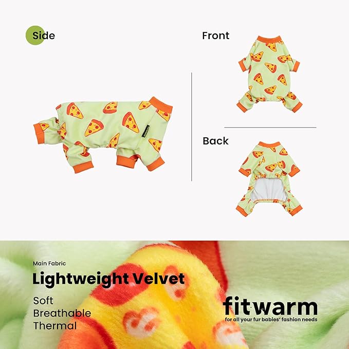 Fitwarm Pizza Dog Fleece Pajamas, Funny Cozy Clothes for Small Dogs Boy Girl, Soft Pet Onesie, Light Green, Orange, Large