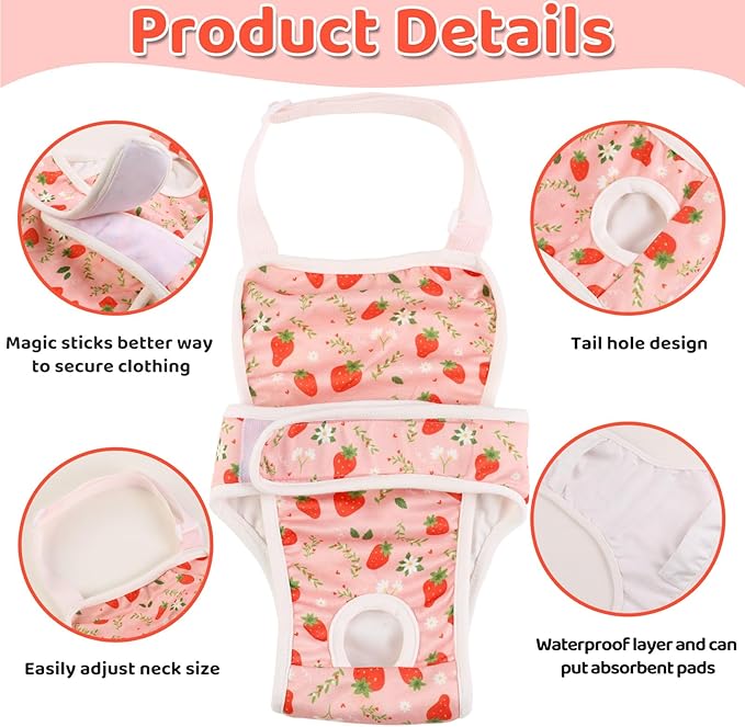 2 Pcs Dog Diaper Suspenders Female, Washable Dog Panties for Dogs with Cute Print, Escape Proof Dog Underwear Diapers, Reusable Pet Sanitary Pantie for Small Medium Girl Dogs,Strawberry Flower,S