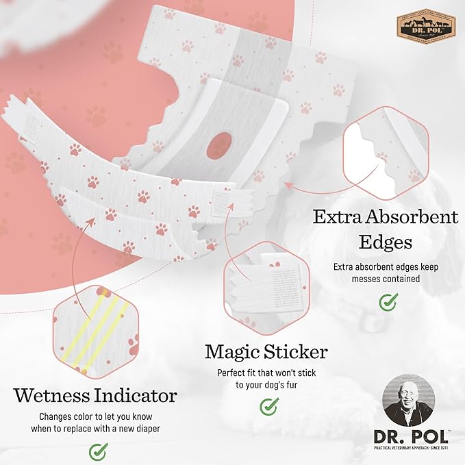 Dr Pol Dog Diapers for Female Dogs | Disposable Pet Diapers with Wetness Indicators | Adjustable Fit | Leak Protection & Super Absorbent | Perfect for Heat Cycles & Training Accidents | Pack of 50