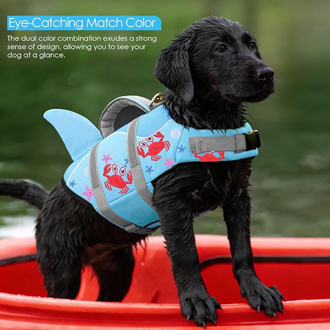 AOFITEE Dog Life Jacket, Dog Life Vest for Swimming, Shark Dogs Swimming Vest with Rescue Handle and Reflective Stripe, Ripstop Pet Float Coat Swimsuit Lifesaver Small Medium Large Dogs Blue Crab S