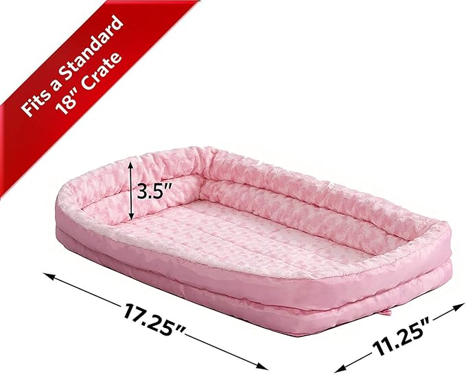 MidWest Homes for Pets XXS QuietTime Double Bolster Pet Bed, Pink Plush 18-Inch Crate Mat with Stacked Bolsters, Machine Washable, Secure Fit with Elastic Straps