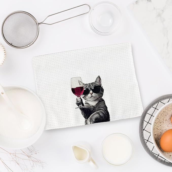 Funny Cat Kitchen Towels, Cat Bar Dish Towels, Gifts for CatWine Lovers Decorative Hand Towel Bar Towel for Kitchen Home Bar, CatKitchen Accessories, FunnyCat Wine Home Bars Decor(16x24Inch)