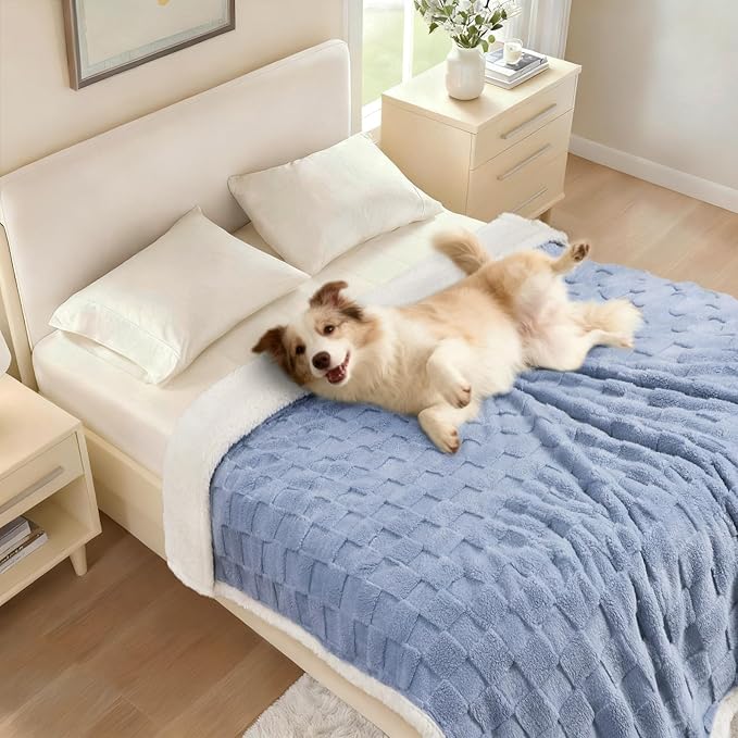 Luciphia Waterproof Dog Blanket for Large Dogs Washable Soft Sherpa Fleece Cat Blankets with 3D Jacquard Cozy Calming Reversible Bed Couch Protector Furniture Protection for Pet,Blue White, 65x57 inch