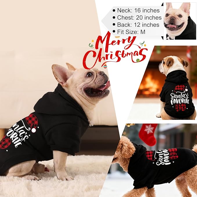 EXPAWLORER Dog Christmas Hoodie - Dog Christmas Sweater Xmas Sweatshirt with Santa Hat Print, Warm Fleece Lined Holiday Pet Outfit with Leash Hole, Cozy Soft Pet Clothes Coat for Medium Dogs, M