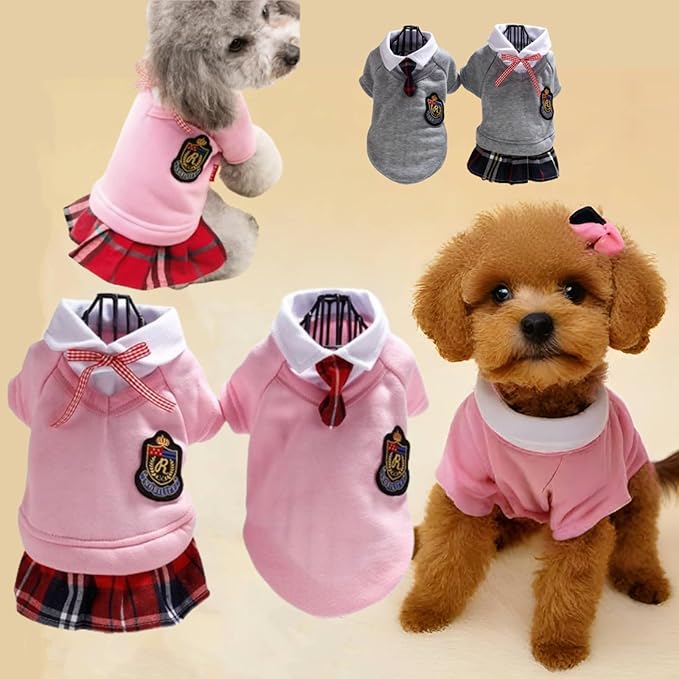 Pet Uniform School Skirts Sailor Costume Dog Campus Clothes Teddy Cute Bowtie Adorable Puppy Apparel (X-Large,Pink Dresses)