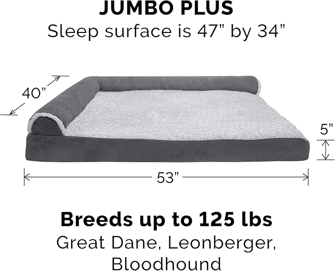 Furhaven Replacement Dog Bed Cover Two-Tone Faux Fur & Suede L Shaped Chaise, Machine Washable - Stone Gray, Jumbo Plus (XX-Large)