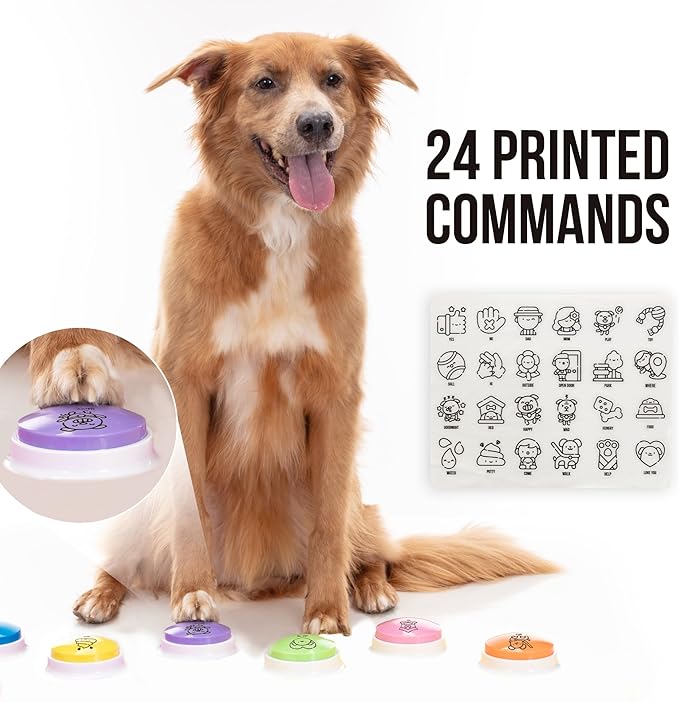 Talking Buttons for Dogs - Dog Training Push Buttons -Talk Commands into 6 Speaking Buttons with 24 Command Stickers for Easily Training Dogs
