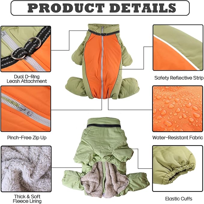 Fullbody Warm Winter Coat for Dogs, Zip Up Reflective Fleece Lined Dog Jacket, Windproof Waterproof Dog Snowsuit with Harness, LightGreen,10