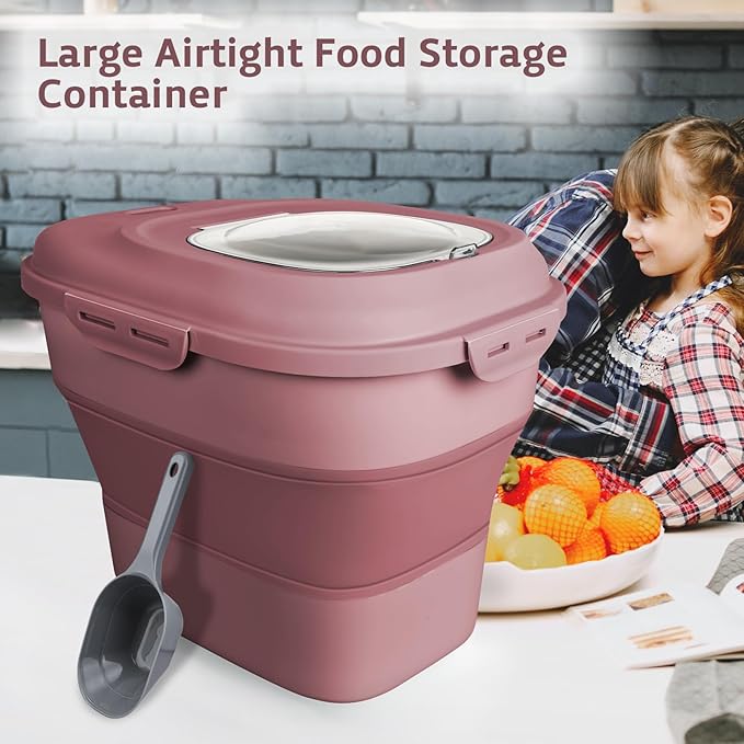 Rice Storage Bin Cereal Containers, 13-50lb Collapsible Rice Container Dispenser with Transparent Lid, Rolling Wheels, Measuring Cup and Scoop, Airtight Dog Cat Pet Food Storage Container Pink