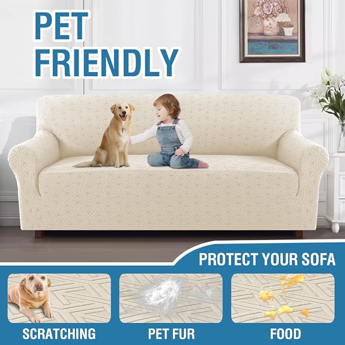 H.VERSAILTEX Jacquard Couch Covers for 3 Cushion Couch 1 Piece Stretch Sofa Covers Furniture Protector Anti-Slip Soft Thickened Dogs Slipcovers Washable Diamond Pattern(Sofa, Ivory)