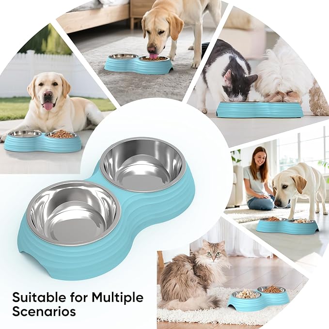 Stainless Steel Dog Bowls Set, Double Food & Water Bowls for Dogs, Dual Dog Food Bowl with 2 Medium (14oz*2) Bowl, Non-Slip Pet Bowls Suitable for Puppies, Cats and Medium Breed Dogs (Blue)