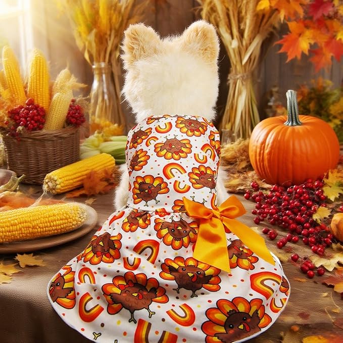 Thanksgiving Turkey Dog Dress, Cute Fall Holiday Pet Outfit for Small and Medium Dogs Autumn Harvest Costume for Puppy Girls and Boys