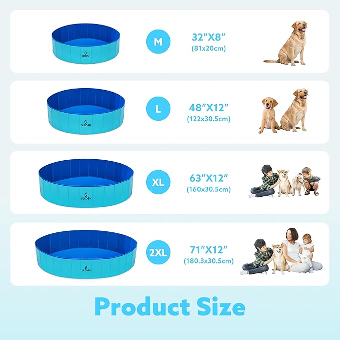 SLOOSH Foldable Dog Kiddie Pool - Portable Hard Plastic Doggie Swimming Pool, Anti-Slip Collapsible Pets Bath Tub Suitable for Kids Indoor Outdoor Backyard Use (48" x 12", Blue)