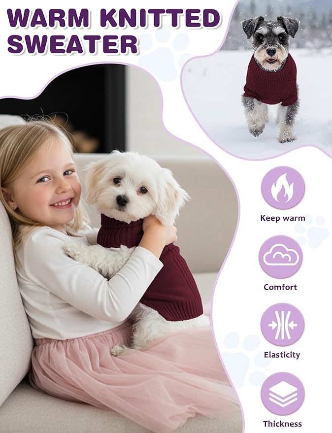 Dog Sweaters for Small Medium Large Dog, Classic Turtleneck Pet Clothes Warm Thermal Doggy Winter Coat, Thick Double Knitting Collar Pullover Cold Weather Puppy Jacket for Indoor & Outdoor Wear
