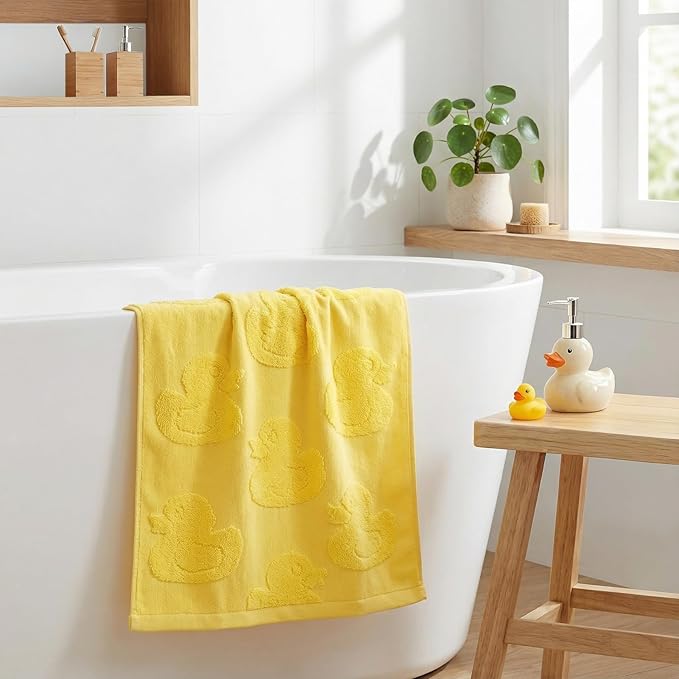 2pcs Yellow Duck Hand Towels for Bathroom Yellow Cotton Jacquard Kitchen Bath Hand Towels Set Cute Duck Decorative Weave 3D Kitchen Dish Towel Soft Absorbent Bathroom Towel Home Decor Gift