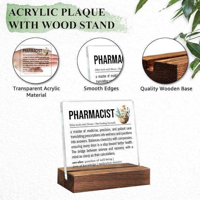 Pharmacist Definition Acrylic Sign with Wood Stand, Pharmacist Gifts for Women Men, Pharmacy School Student Graduation Gifts, Pharmacy Office Plaque Decor, Thank you Present for Pharmacy Day