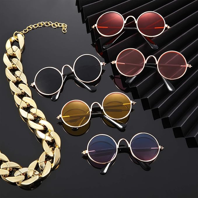 Weewooday 7 Pcs Dog Sunglasses Cats Sunglasses with 2 Gold Chain Retro Round Metal Glasses Funny Cute Cosplay Costume for Small Pet(Vivid Colors,Lovely Style)