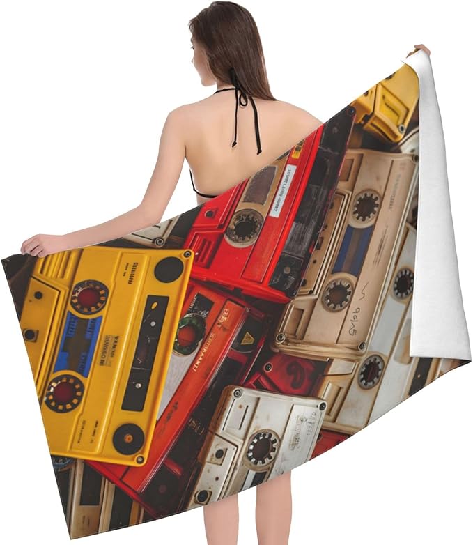 Retro Cassette Tape Beach Towel Music Sand-Free Microfiber Bath Towel Ultra Soft Quick Dry Pool Towel Absorbent Towel Lightweight Towel Gifts for Outdoor Bathroom Swimming Decor 31inx51in