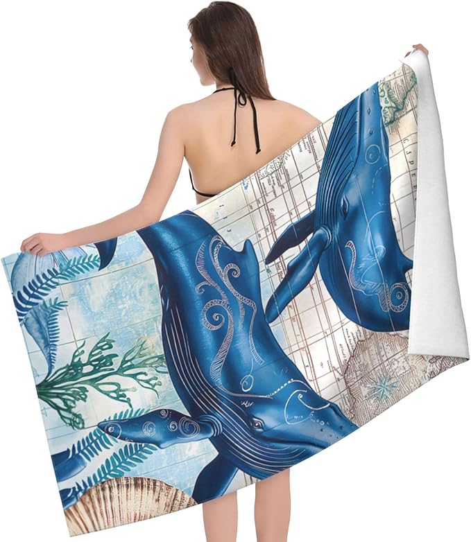 Vintage Whale Beach Towel 31inx51in, Nautical Ocean Map Sand-Free Microfiber Bath Towel Ultra Soft Quick Dry Pool Towel Absorbent Towel Lightweight Towel for Swimming Bathroom Decor