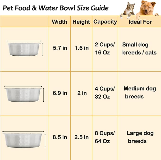 Fhiny 3 Pack Hammered Stainless Steel Cat Bowls, 2 Cups/16 Oz Premium Metal Puppy Feeder Bowl Set for Raised Feeding Station Basic Kitten Food & Water Dishes for Small & Medium Pets Dishwasher Safe