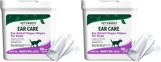 Vet's Best Ear Relief Finger Wipes, Ear Cleansing Finger Wipes for Dogs, Sooths & Deodorizes, 50 Disposable Dog Wipes (Pack of 2)