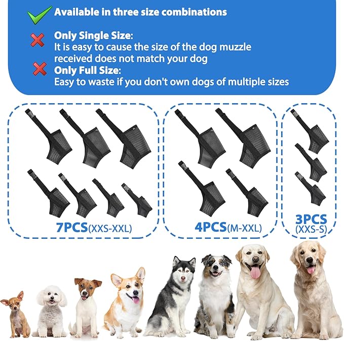 LUCKYPAW Dog Muzzle Suits for Small Medium Large Dogs, Mesh Muzzle Anti Biting Chewing, Breathable Mouth Cover Set with Adjustable Strap for Grooming Vet Visiting Training, 7 PCS(XXS-XXL), Black