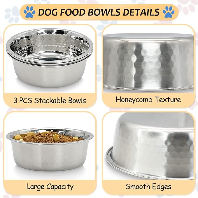 Fhiny 3 Pack Hammered Stainless Steel Cat Bowls, 2 Cups/16 Oz Premium Metal Puppy Feeder Bowl Set for Raised Feeding Station Basic Kitten Food & Water Dishes for Small & Medium Pets Dishwasher Safe