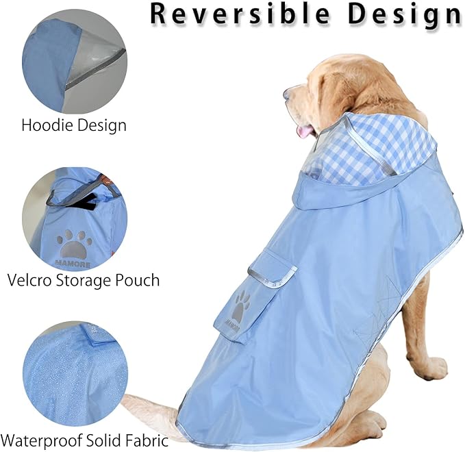 MAMORE Dog Raincoat Reversible,Waterproof Dog Rain Coat Hooded Slicker Poncho with Reflective Strip, Plaid Double Layer Rain Jacket for Small Medium Large Dogs (Light Blue, Small(9-13lb))