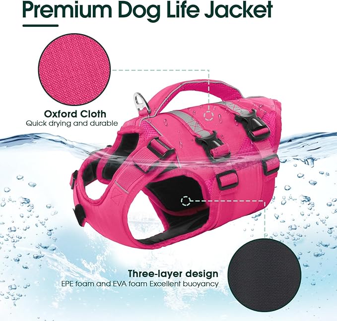 Kuoser Dog Life Jacket, High Flotation Dog Life Vest for Swimming Boating, Adjustable Ripstop Pet Lifesaver for Small Medium and Large Dogs, Reflective Safety Puppy Swimming Vest with Rescue Handle