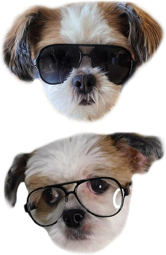 G029 Dog Cat Pet Aviator Pilot Sunglasses Glasses for Small Breeds up to 15lbs (2-Pack Black + Black-Clear Lens)