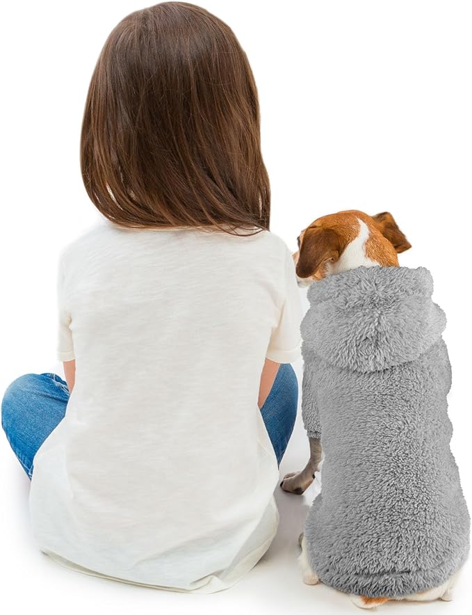 Fuzzy Dog Sweaters for Small Dogs Soft Double-Sided Plush Fleece Pet Sweater Dog Hoodie Clothes Coats Sherpa Hooded Sweatshirt(Grey-XS)