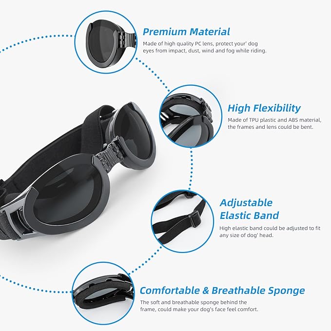 Lesypet Dog Goggles with Replaceable Lenses for Medium Large Breed, Anti-UV Wind Protection Dog Sunglasses Outdoor Motorcycling Driving Eye Protection Pet Sunglasses, Black