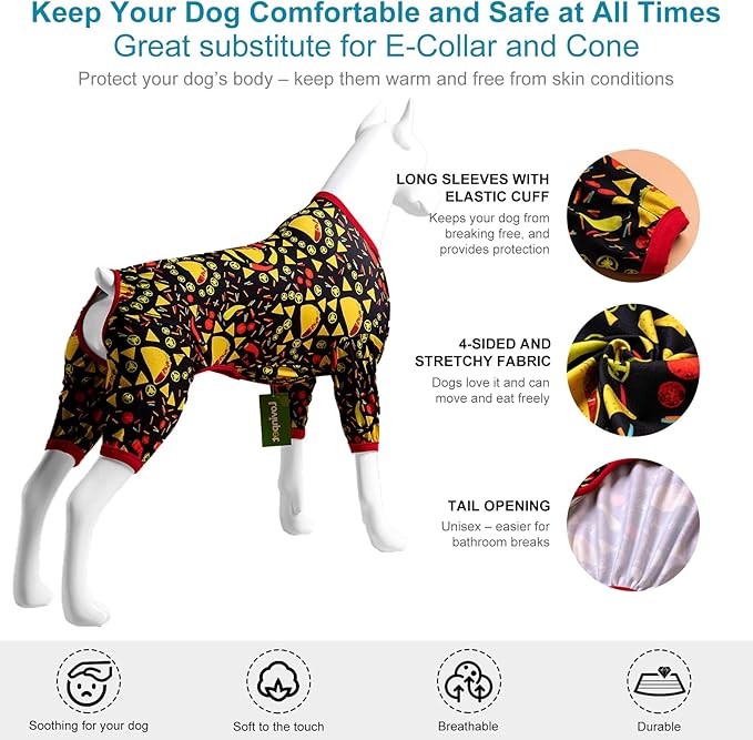 LovinPet Giant Dogs Pajamas Onesies, Big Dog Onesie Post Surgery Wear, PJS for Pitbulls, Lightweight Pitbull Dog Pullover Pajamas, Full Coverage Dog Pjs, Black Taco Print, Pitbull Clothes, Medium