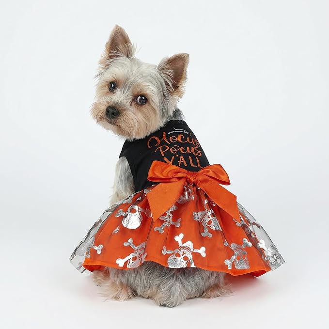 Fitwarm Hocus Pocus Y'all Funny Dog Halloween Tulle Dress, Holiday Dog Clothes for Small Dogs Girl, Funny Pirate Skull Pet Costume, Witch Cat Outfit, Orange, Black, Small