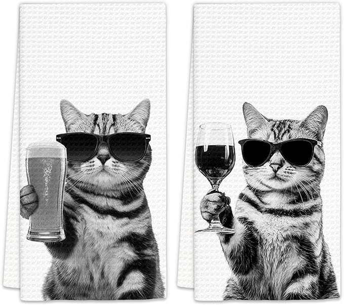 American Shorthair Gifts Cat Wine Kitchen Towels Set of 2, Funny Cats Wine Lover Decorative Hand Dish Towel for Kitchen Home Bar, Gift for Cat Beer Lovers Home Bar Decor(16x24Inch)