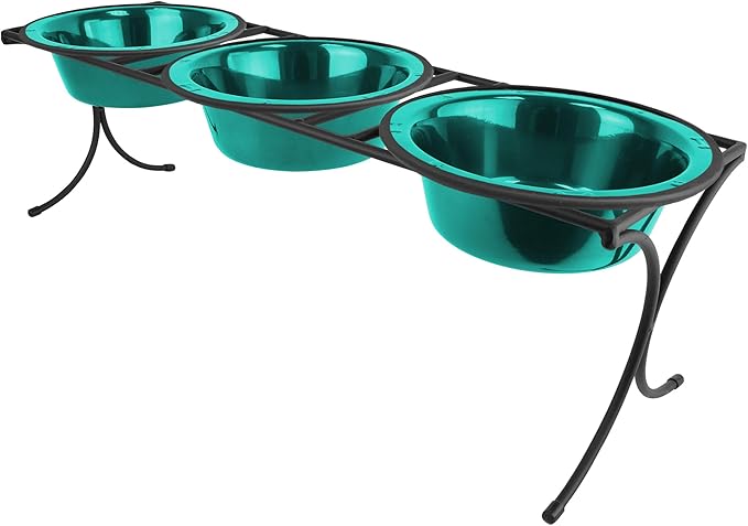 Platinum Pets Bistro Triple Diner Feeder with Stainless Steel Dog Bowls, Large, Caribbean Teal