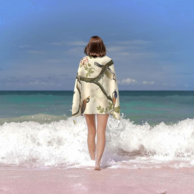 Vintage Floral Bird Beach Towel Birds Sand-Free Microfiber Bath Towel Ultra Soft Quick Dry Pool Towel Absorbent Towel Lightweight Towel Gifts for Outdoor Bathroom Swimming Decor 31inx51in