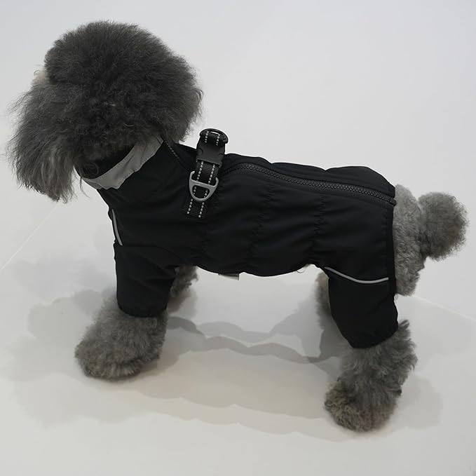 Winter Waterproof Dog Snowsuit – Full Body Outdoor Jacket with Leash Ring, Fleece Lining, Windproof Reflective 4-Leg Dog Coat for Small to Large Dogs Black 4XL