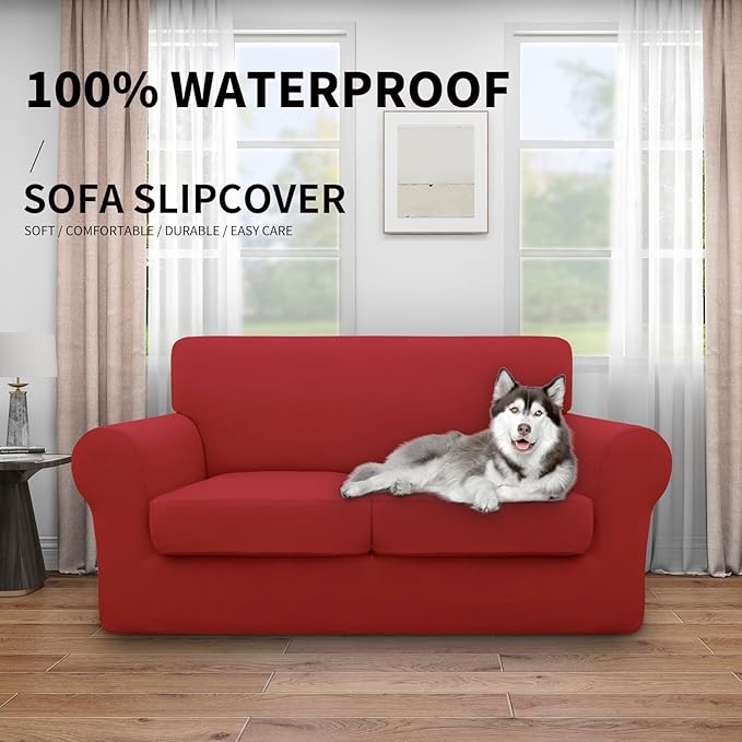 Easy-Going 100% Dual Waterproof 3 Pieces Loveseat Cover Stretch Soft Couch Cover for Dogs, Sofa Slipcover for 2 Separate Cushion Couch Leakproof Furniture Protector for Kids, Pets Christmas Red
