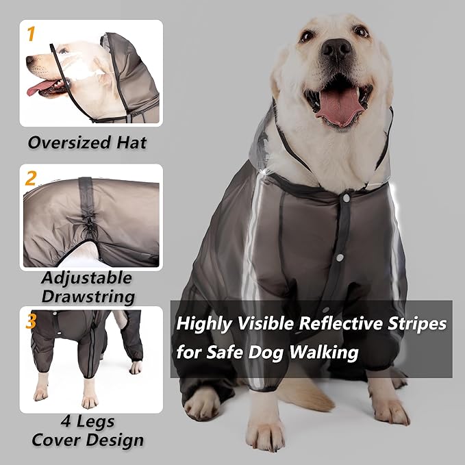 Olsa Dog Raincoat, Dog Hooded Slicker Poncho, 4 Legs Rain Jacket with Reflective Stripe, Transparent Water Proof Resistant Rain Snow Clothes for Small Medium Large (Black, 3XL)