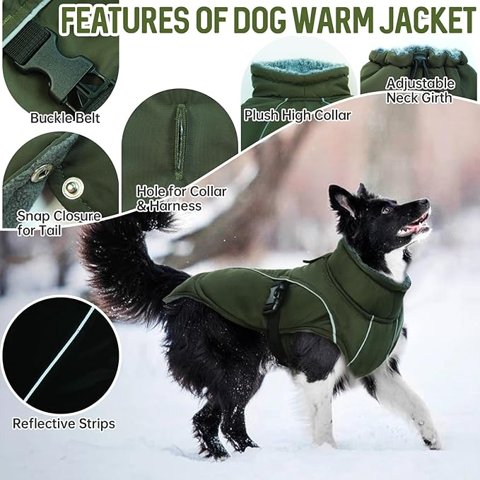 DENTRUN Winter Warm Dog Coat Reflective Jacket with Turtleneck for Cold Weather, Adjustable Buckle Windproof Water Repellent, Thick Snowsuit Fleece Vest for Small, Medium, Large Dogs, Green, XXXL